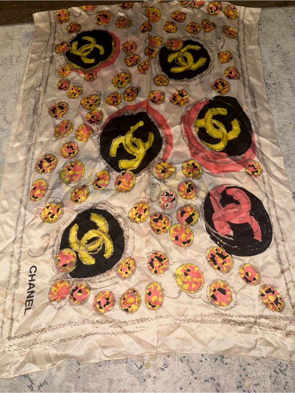 CHANEL Silk Logo Motif Scarf in Cream, Yellow, Pink & Black